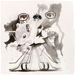 o.T. aus „Krähen Kommen”, 2008, 50 x 50 cm, Aquarell & Applikationen auf handgeschöpftem Bütten