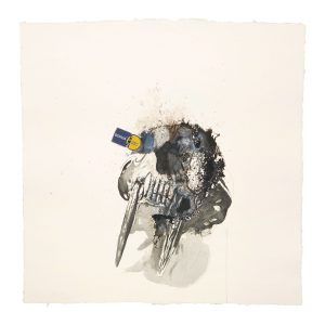 o.T. aus „Krähen Kommen -Titanweiß”, 2008, 105 x 105 cm, Aquarell, Tusche & Applikation auf handgeschöpftem Bütten